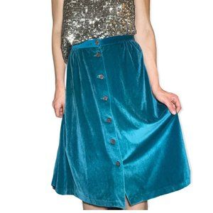 VTG Teal Velvet Button Front Midi Skirt Size Medium